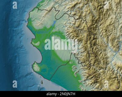 Piura, région du Pérou. Carte d'altitude en couleur avec lacs et rivières Banque D'Images