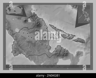 Albay, province des Philippines. Carte d'altitude en niveaux de gris avec lacs et rivières. Lieux des principales villes de la région. Cartes d'emplacement auxiliaire d'angle Banque D'Images