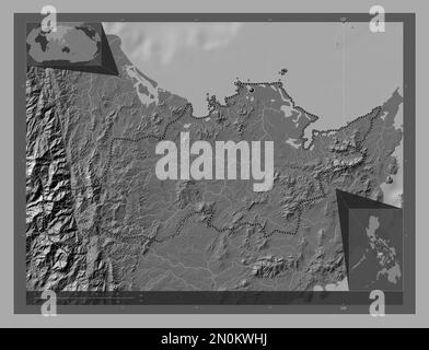 Capiz, province des Philippines. Carte d'altitude à deux niveaux avec lacs et rivières. Cartes d'emplacement auxiliaire d'angle Banque D'Images