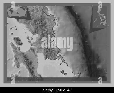 Samar de l'est, province des Philippines. Carte d'altitude en niveaux de gris avec lacs et rivières. Cartes d'emplacement auxiliaire d'angle Banque D'Images