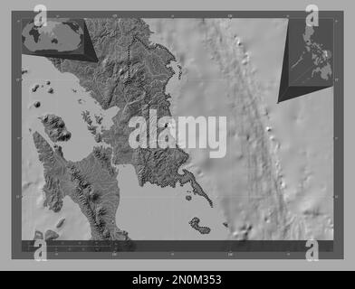 Samar de l'est, province des Philippines. Carte d'altitude à deux niveaux avec lacs et rivières. Cartes d'emplacement auxiliaire d'angle Banque D'Images