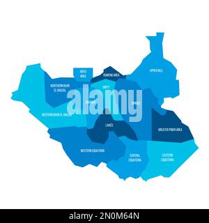 Soudan du Sud carte politique des divisions administratives - Etats, zones administratives et zones ayant un statut administratif spécial. Carte vectorielle bleue plate avec noms. Illustration de Vecteur