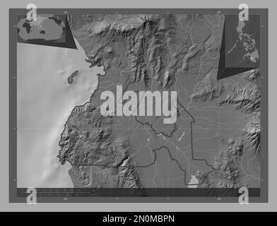 Maguindanao, province des Philippines. Carte d'altitude à deux niveaux avec lacs et rivières. Cartes d'emplacement auxiliaire d'angle Banque D'Images