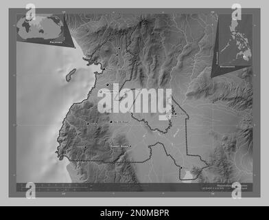 Maguindanao, province des Philippines. Carte d'altitude en niveaux de gris avec lacs et rivières. Lieux et noms des principales villes de la région. Angle auxilia Banque D'Images