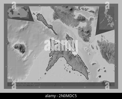 Masbate, province des Philippines. Carte d'altitude en niveaux de gris avec lacs et rivières. Lieux des principales villes de la région. Emplacement auxiliaire d'angle ma Banque D'Images