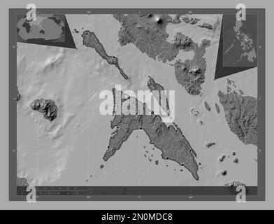 Masbate, province des Philippines. Carte d'altitude à deux niveaux avec lacs et rivières. Lieux des principales villes de la région. Cartes d'emplacement auxiliaire d'angle Banque D'Images