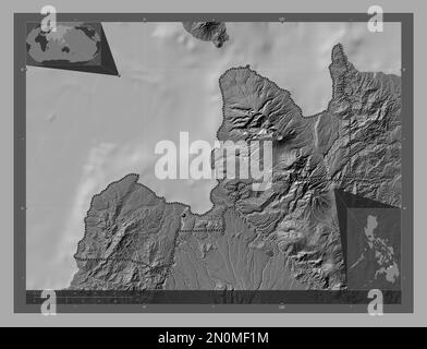 Misamis Oriental, province des Philippines. Carte d'altitude à deux niveaux avec lacs et rivières. Cartes d'emplacement auxiliaire d'angle Banque D'Images