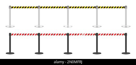 Panneau amovible de ceinture jaune et rouge réaliste. Poteaux de barrière de contrôle de la foule avec sangle de mise en garde. Lignes de file d'attente. Bordure de restriction et ruban de danger Illustration de Vecteur