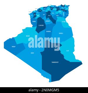 Algérie carte politique des divisions administratives - provinces. Carte vectorielle bleue plate avec noms. Illustration de Vecteur