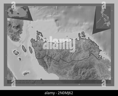 Nord de Samar, province des Philippines. Carte d'altitude en niveaux de gris avec lacs et rivières. Cartes d'emplacement auxiliaire d'angle Banque D'Images