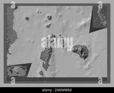 Romblon, province des Philippines. Carte d'altitude à deux niveaux avec lacs et rivières. Cartes d'emplacement auxiliaire d'angle Banque D'Images