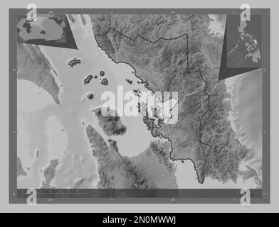 Samar, province des Philippines. Carte d'altitude en niveaux de gris avec lacs et rivières. Cartes d'emplacement auxiliaire d'angle Banque D'Images