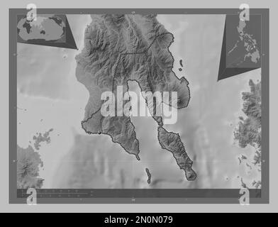 Leyte Sud, province des Philippines. Carte d'altitude en niveaux de gris avec lacs et rivières. Cartes d'emplacement auxiliaire d'angle Banque D'Images