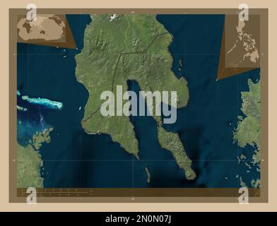 Leyte Sud, province des Philippines. Carte satellite basse résolution. Cartes d'emplacement auxiliaire d'angle Banque D'Images