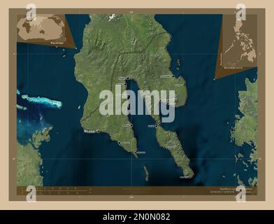 Leyte Sud, province des Philippines. Carte satellite basse résolution. Lieux et noms des principales villes de la région. Emplacement auxiliaire d'angle ma Banque D'Images