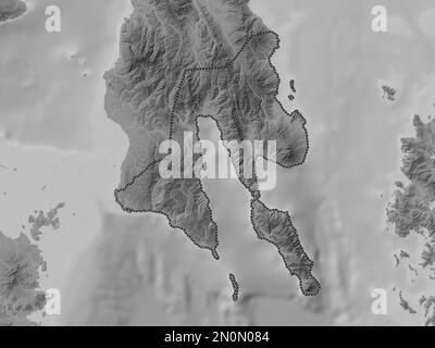 Leyte Sud, province des Philippines. Carte d'altitude en niveaux de gris avec lacs et rivières Banque D'Images