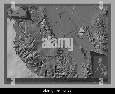 Sultan Kudarat, province des Philippines. Carte d'altitude à deux niveaux avec lacs et rivières. Cartes d'emplacement auxiliaire d'angle Banque D'Images