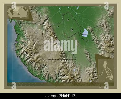 Sultan Kudarat, province des Philippines. Carte d'altitude colorée en style wiki avec lacs et rivières. Lieux des principales villes de la région. Angle au Banque D'Images