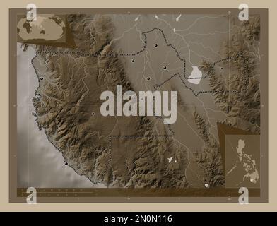 Sultan Kudarat, province des Philippines. Carte d'altitude colorée en tons sépia avec lacs et rivières. Lieux des principales villes de la région. Coin a Banque D'Images