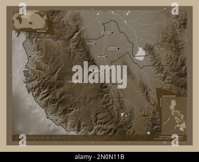 Sultan Kudarat, province des Philippines. Carte d'altitude colorée en tons sépia avec lacs et rivières. Lieux et noms des principales villes de la région Banque D'Images