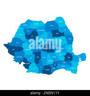 Roumanie carte politique des divisions administratives - comtés et municipalité autonome de Bucarest. Carte vectorielle bleue plate avec noms. Illustration de Vecteur