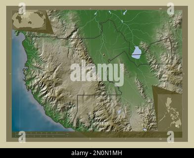 Sultan Kudarat, province des Philippines. Carte d'altitude colorée en style wiki avec lacs et rivières. Cartes d'emplacement auxiliaire d'angle Banque D'Images