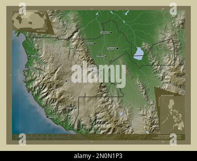 Sultan Kudarat, province des Philippines. Carte d'altitude colorée en style wiki avec lacs et rivières. Lieux et noms des principales villes de la région. Banque D'Images