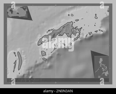 Tawi-Tawi, province des Philippines. Carte d'altitude en niveaux de gris avec lacs et rivières. Cartes d'emplacement auxiliaire d'angle Banque D'Images