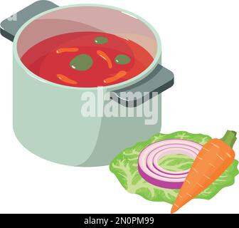 Vecteur isométrique de l'icône de la première plaque. Soupe de légumes, anneau d'oignon, carotte, feuille de chou. Concept alimentaire, nutrition saine Illustration de Vecteur