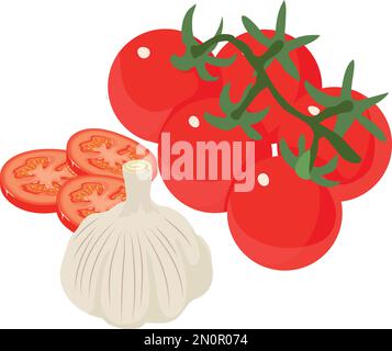 Symbole d'ingrédient de salade vecteur isométrique. Branche de tomates cerises fraîches et ail. Légumes biologiques, concept alimentaire Illustration de Vecteur