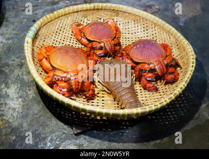Le crabe clé ou les fruits de mer sont stockés dans un récipient tissé de bambou ou d'ayakaan Banque D'Images