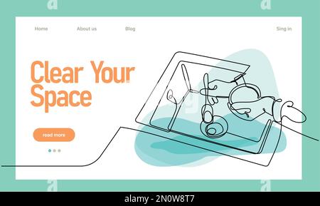 Dessin continu d'une ligne de mains portant des gants en caoutchouc surface de nettoyage avec un chiffon en microfibre ou une éponge et un spray désinfectant pendant la période de quarantaine prévue. Placez facilement votre texte et le logo de votre marque Illustration de Vecteur