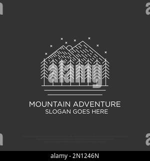 Aventure dans les montagnes et logo rétro des arbres avec illustration de style de contour Illustration de Vecteur