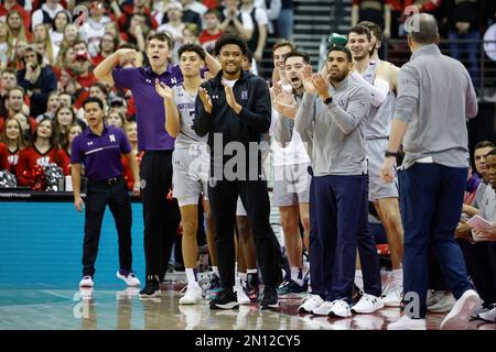 Madison, WI, États-Unis. 5th févr. 2023. Le banc Northwestern Wildcats célèbre lors du match de basket-ball NCAA entre les Wildcats Northwestern et les Badgers du Wisconsin au Kohl Center de Madison, WISCONSIN. Darren Lee/CSM/Alamy Live News Banque D'Images