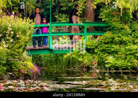 Pont japonais au-dessus de l'étang aux nénuphars avec visiteurs, ancienne résidence du peintre, peinture à l'huile stylisée, maison et jardin Claude Monet, Giverny, Normandie Banque D'Images