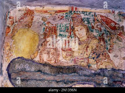 8th siècle Somaskanda ou Somaskandar peintures murales (mur) dans le temple Kailasanathar à Kancheepuram ou Kanchipuram, Tamil Nadu, Inde, Asie. Roi Narasimhavar Banque D'Images