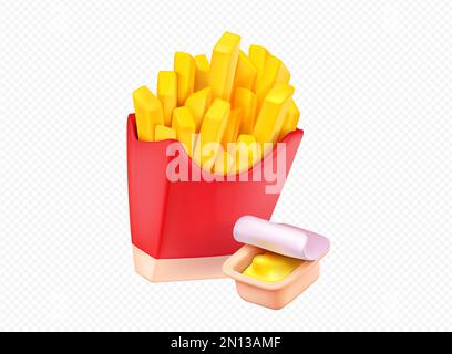 3D frites dans une boîte en papier rouge isolée sur fond transparent. Illustration vectorielle réaliste de la portion de collation salée de la pomme de terre et de la sauce trempée dans un contenant en carton. Icône de restauration rapide. Élément de conception du menu du restaurant Illustration de Vecteur