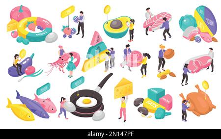 Isométrique keto Diet icônes ensemble avec l'illustration de vecteur isolé de nutrition de graisses élevées Illustration de Vecteur