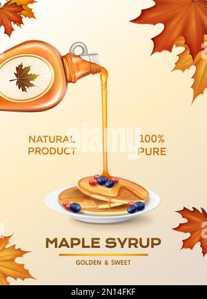 Crêpes au sirop d'érable naturel composition réaliste sur fond avec illustrations vectorielles de feuilles d'automne Illustration de Vecteur