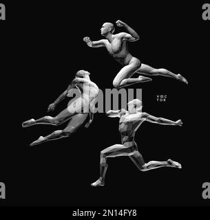 Modèles de personnes polygonales dans différentes poses. Liberté, leadership ou concept de développement. Les hommes dansent et sautent. Design pour le sport. 3D corps humain Illustration de Vecteur