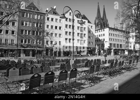 Une photo en échelle de gris de bâtiments le long d'une rue à Cologne, Allemagne - photographie de rue Banque D'Images