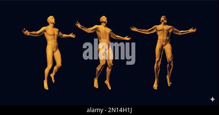 L'homme a étendu ses bras dans différentes directions. Des hommes qui profitent de la liberté. Des hommes flottant et planant dans l'air. 3D illustration vectorielle. Illustration de Vecteur