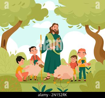 Jésus Christ et les enfants fond avec la Bible et les symboles agneaux illustration vectorielle plate Illustration de Vecteur