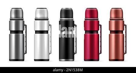 Ensemble d'icônes thermos isolées réalistes argent blanc noir rouge bronze métallisé illustration vectorielle Illustration de Vecteur