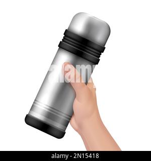 Thermos concept réaliste de la main thermos argent fermé à la main sur fond blanc illustration vectorielle Illustration de Vecteur