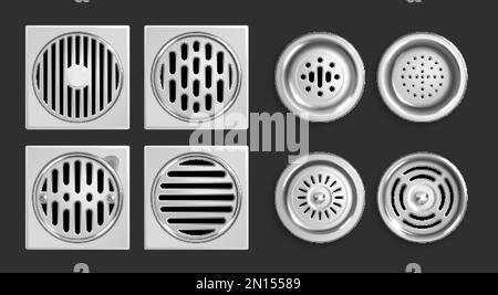 Grilles de drainage réalistes Icon Set drains carrés et ronds avec différentes tailles de trous illustration vectorielle Illustration de Vecteur