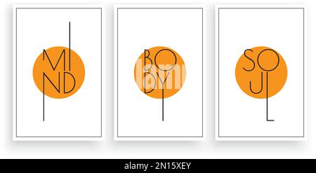 Esprit corps âme, vecteur. Texte, lettrage. Trois pièces de décoration scandinave minimaliste. Citations motivationnelles et inspirantes Illustration de Vecteur