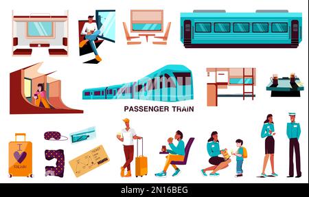 Train de voyageurs train plat de personnes voyageant avec des bagages attendant un transport à la gare et assis dans un wagon isolé illustration vectorielle Illustration de Vecteur