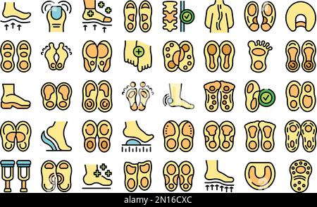 Les icônes des semelles intérieures orthopédiques définissent le vecteur de contour. Adhésif alimentaire. Couleur de la semelle intérieure sur blanc isolé Illustration de Vecteur