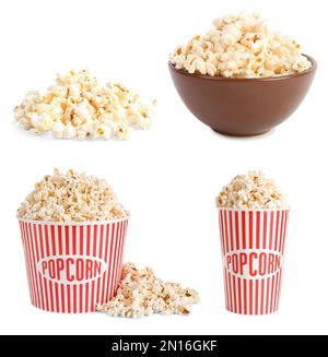 Collage avec pop-corn savoureux sur fond blanc Banque D'Images